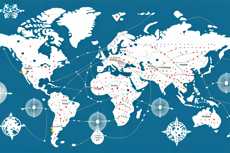 A map with a dotted line showing the route of an international trade journey