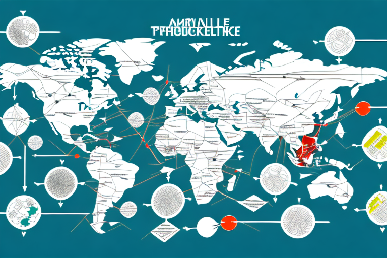 A map with arrows and lines showing the flow of pharmaceuticals around the world