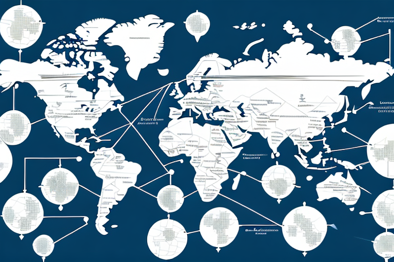 A global map with arrows showing the flow of goods and services between countries