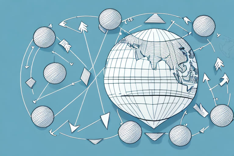 A globe with arrows pointing inwards and outwards to represent the flow of goods and services in international trade