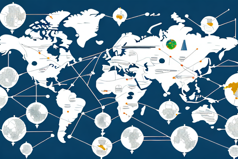 A global map with arrows representing the flow of goods and services between countries