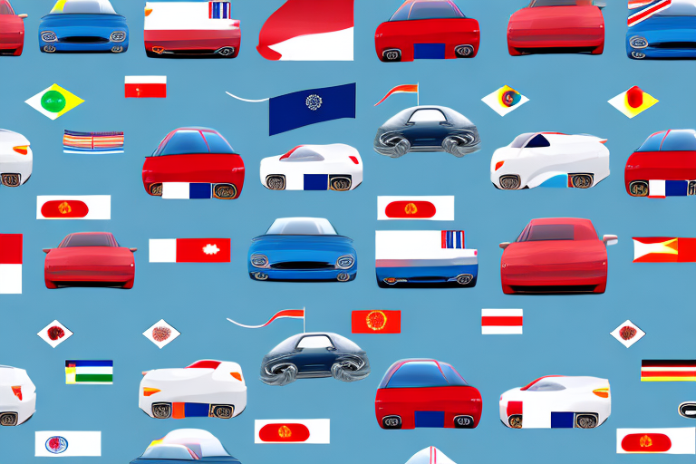 A car driving through a landscape of international flags