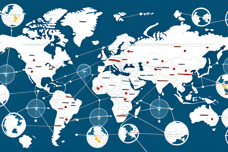 A global map with arrows connecting countries to represent international trade