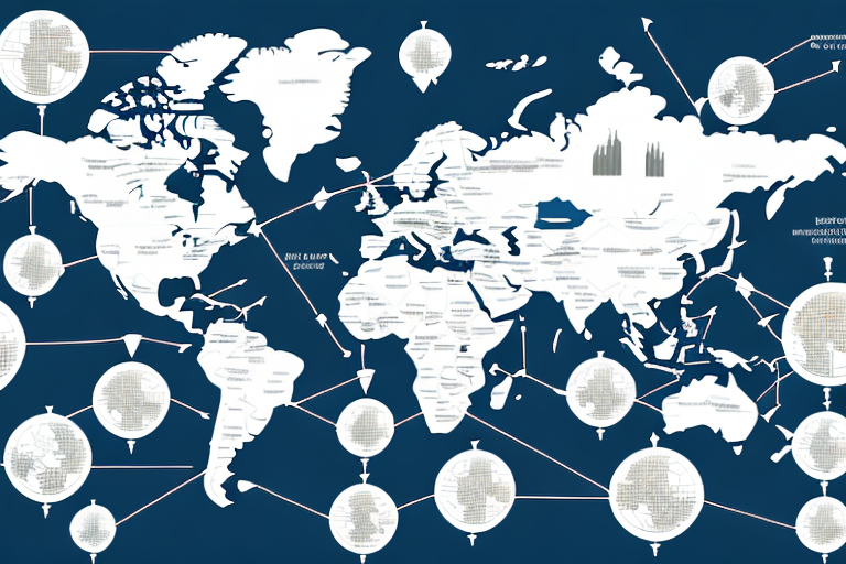 A global map with arrows to represent the flow of goods and services between countries