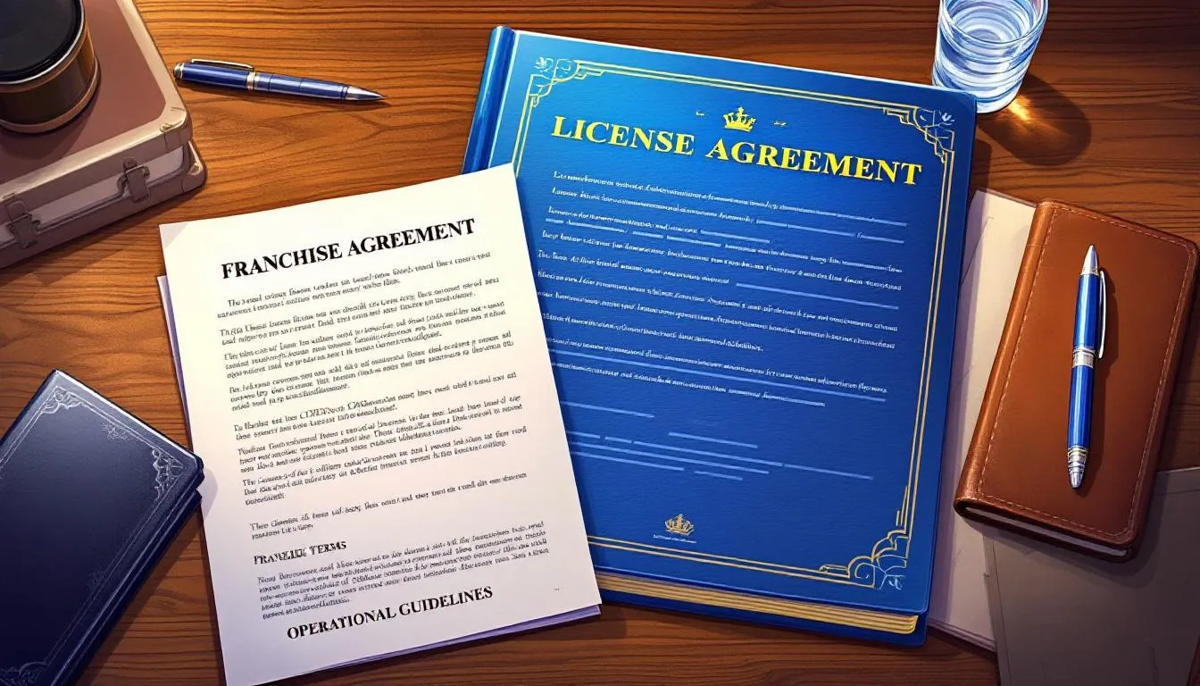 The image depicts a license document alongside a franchise agreement, illustrating key business agreements essential for aspiring entrepreneurs. These documents represent different business models, highlighting the legal considerations involved in licensing and franchising, including ongoing fees and operational control.