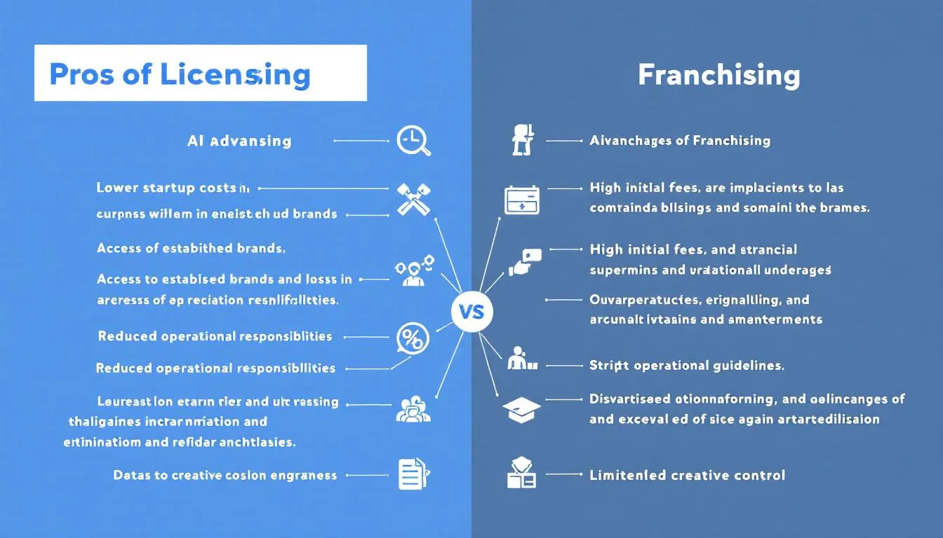 The image illustrates the pros and cons of licensing and franchising as business models, highlighting key differences such as operational control and ongoing fees associated with franchise agreements versus licensing agreements. It visually represents how each option affects business operations and legal considerations for aspiring entrepreneurs.