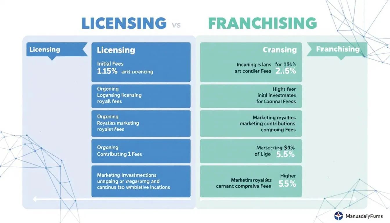 The image illustrates a comparison between the financial aspects of licensing and franchising, highlighting key differences such as the structure of licensing agreements versus franchise agreements, the fees involved, and the operational control each model offers to business owners. It emphasizes how licensing focuses on intellectual property assets, while franchising operates under a proven business model with ongoing fees and brand consistency.