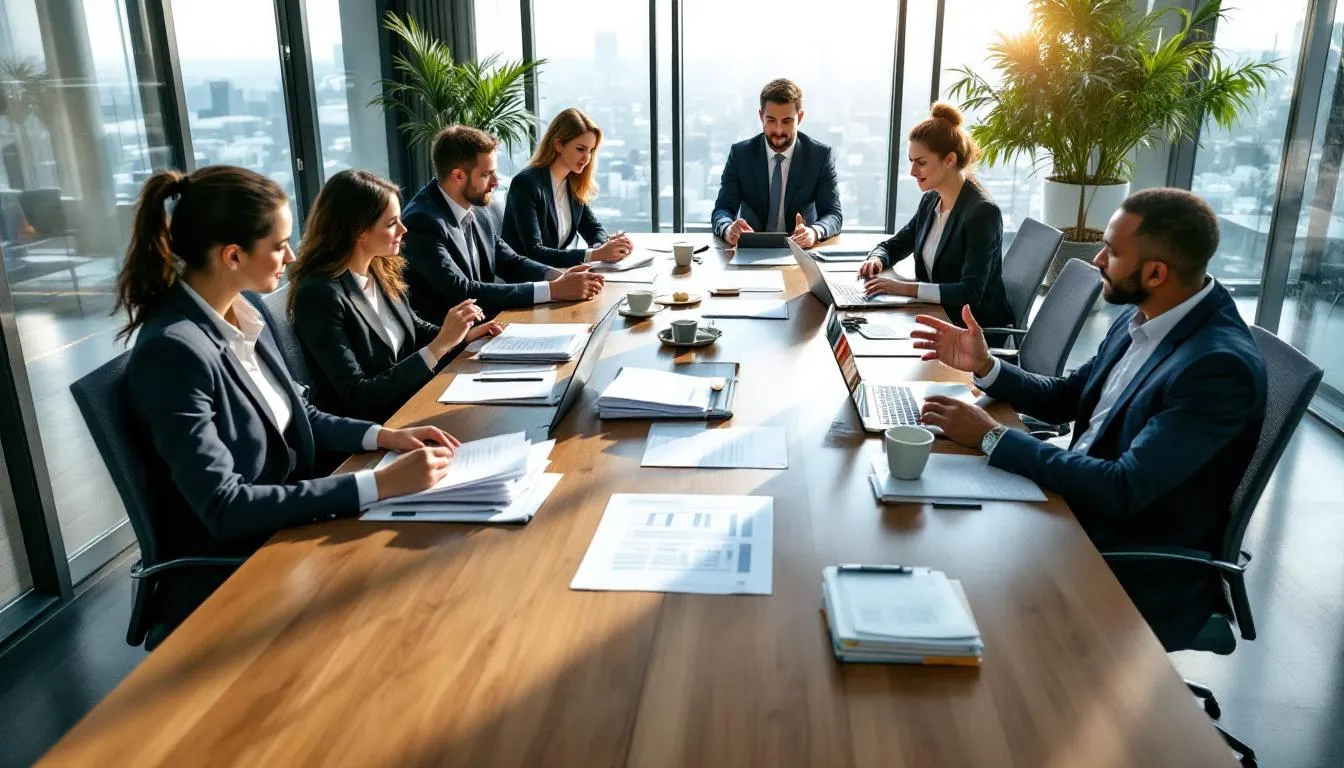 In the image, a group of business professionals is seated around a conference table, intently reviewing various documents related to franchise agreements. The atmosphere suggests a serious negotiation, likely discussing legal terms and financial aspects of a franchise opportunity.
