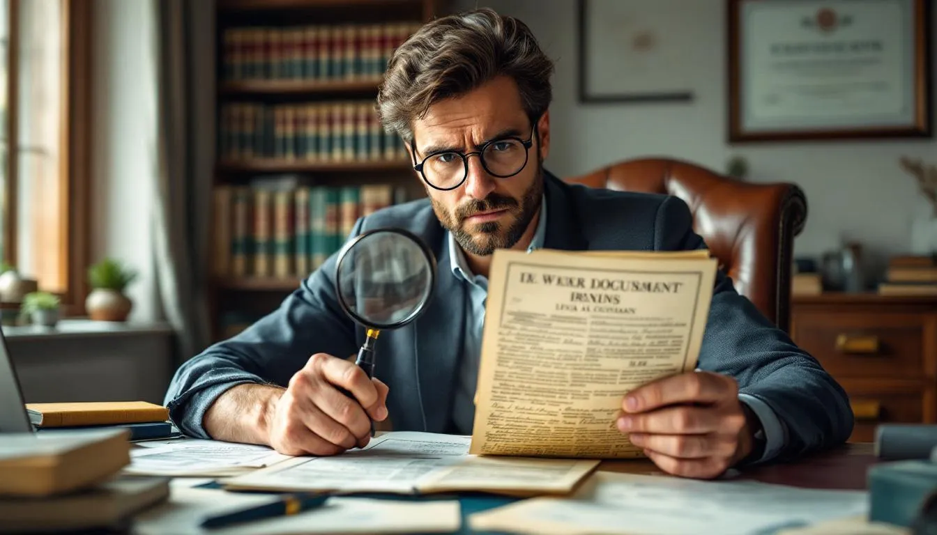 A person is intently examining a stack of legal documents with a magnifying glass, likely reviewing important details related to a franchise agreement. The focus on the documents suggests they are analyzing legal terms and conditions that could impact their franchise opportunity.
