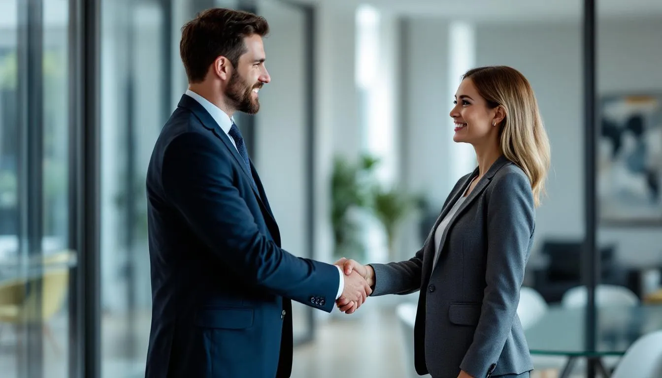 In a modern office setting, two business professionals are shaking hands, symbolizing the successful negotiation of a franchise agreement. The atmosphere reflects a positive and professional environment, indicating a potential partnership between the franchisor and prospective franchisee.