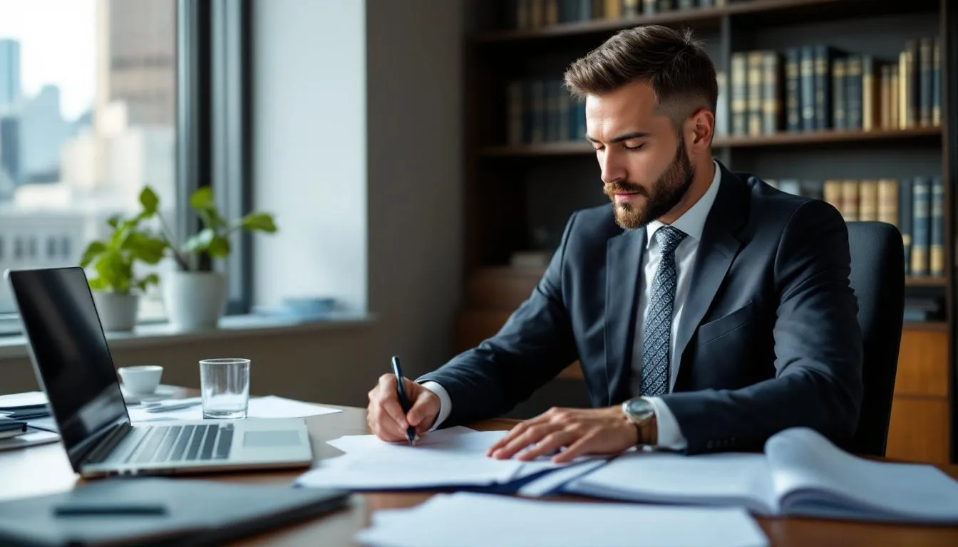 An attorney is meticulously reviewing legal documents related to franchise agreements at a well-organized desk, highlighting the importance of understanding the terms and provisions that govern the franchisor-franchisee relationship. The scene emphasizes the attorney's role in ensuring that potential franchisees are aware of their legal rights and obligations before entering into a franchise opportunity.