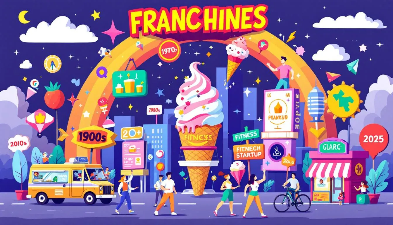 An illustration showcasing various franchise concepts that are currently trending, emphasizing the fads in franchising.