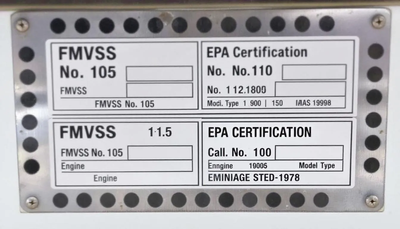 The image shows various vehicle compliance labels that display FMVSS and EPA certification markings, indicating that the motor vehicle meets safety and emission standards required for importing vehicles into the United States. These labels are essential for registered importers to ensure compliance with regulations set by the Environmental Protection Agency and to facilitate the importation process at CBP ports.