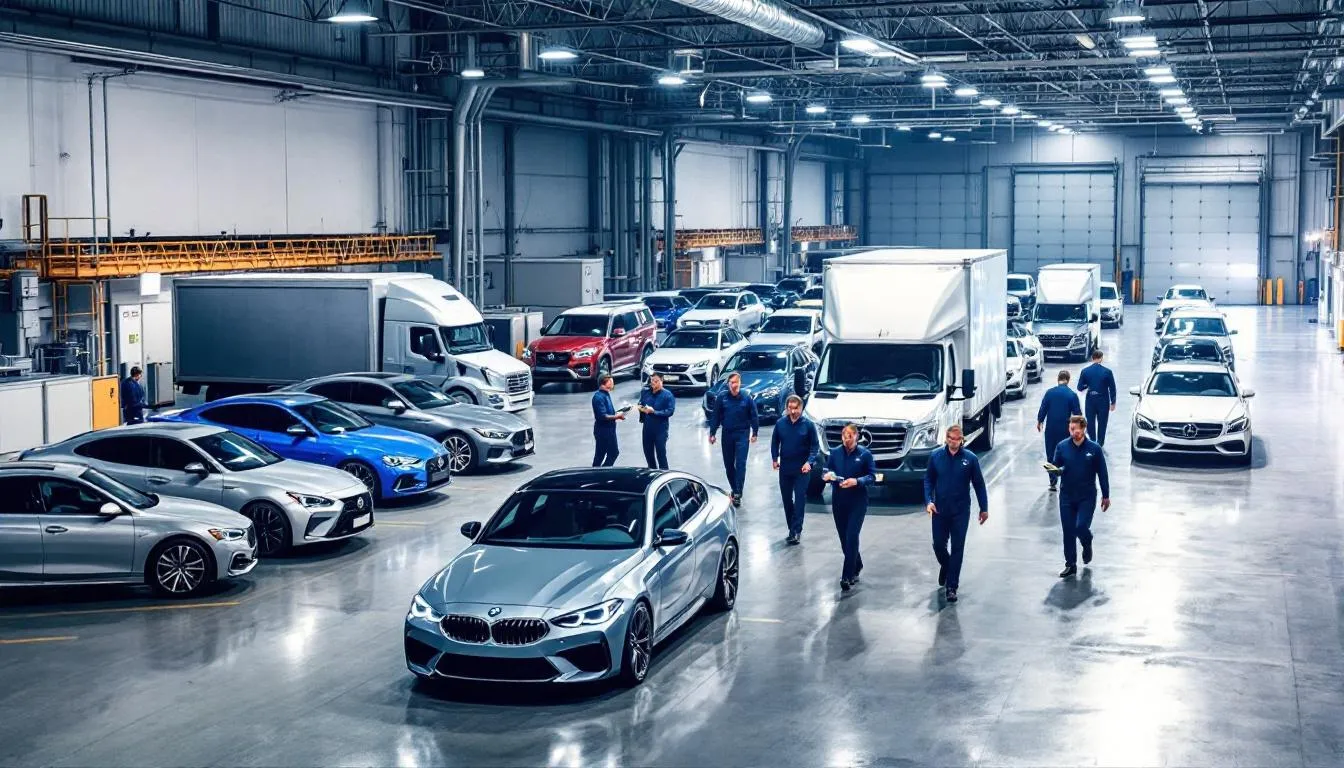 The image depicts a customs inspection facility with various imported vehicles, including cars and motorcycles, lined up and awaiting processing by a CBP officer. These vehicles must comply with safety and emission standards set by the Environmental Protection Agency before they can be registered for personal use in the USA.