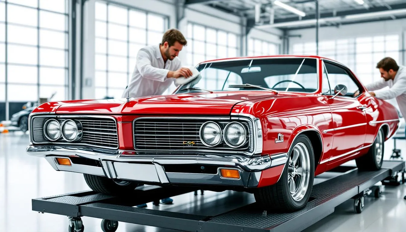 An elegant classic car is being meticulously prepared for display at an automotive exhibition, showcasing its polished exterior and attention to detail. The setting emphasizes the importance of compliance with safety and emission standards, as attendees admire the motor vehicle's design and craftsmanship.