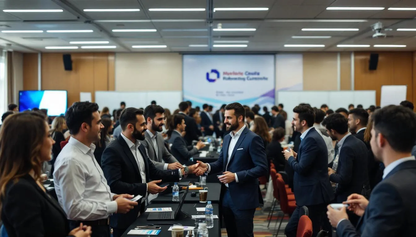 In a bustling business networking event, professionals from various backgrounds engage in lively conversations while exchanging business cards, highlighting the collaborative spirit among aspiring entrepreneurs and established business owners. This scene captures the demographic shift as many baby boomers consider selling their businesses, creating big opportunities for younger generations to step into small business ownership.