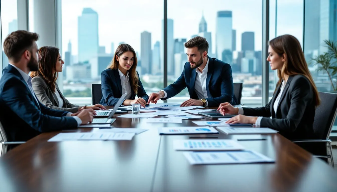 In a professional conference room, a diverse group of business owners and aspiring entrepreneurs are engaged in a meeting, surrounded by financial documents and charts laid out on the table, discussing strategies for small business ownership and the impact of baby boomers retiring on the market. The atmosphere is focused and collaborative, reflecting the importance of a smooth transition in business ventures as the baby boomer generation moves towards retirement.