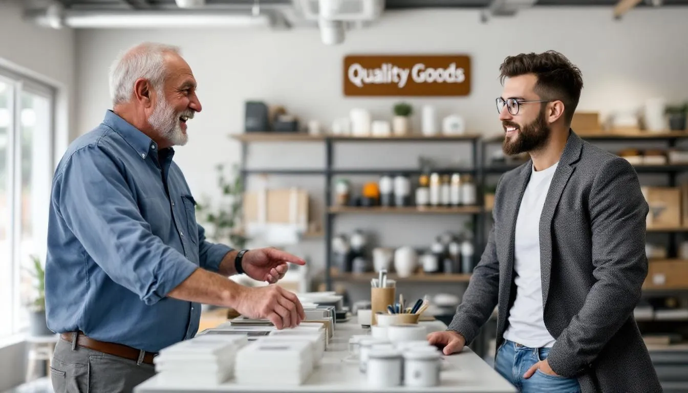 In the image, an older business owner is demonstrating company operations to a younger potential buyer in a manufacturing or retail setting, highlighting the opportunity for aspiring entrepreneurs to take over established businesses as many baby boomers retire. This interaction symbolizes a smooth transition of business ownership amidst a generational shift in the marketplace.