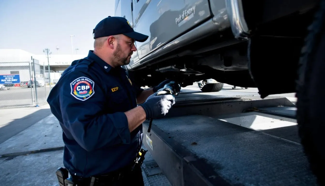 A CBP officer is inspecting a motor vehicle at a port facility, ensuring it complies with safety and emission standards set by the Environmental Protection Agency. The officer checks for proper documentation and vehicle duty-free eligibility as part of the process for importing vehicles into the United States.