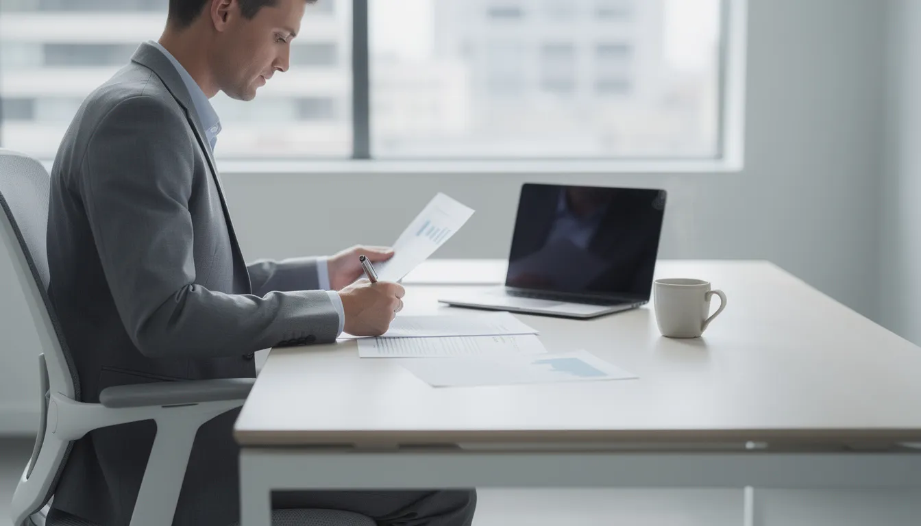 A person is seated at a modern desk, reviewing legal documents on a laptop while sipping coffee from a cup. The workspace reflects a professional business presence, suitable for conducting business operations and managing important documents.