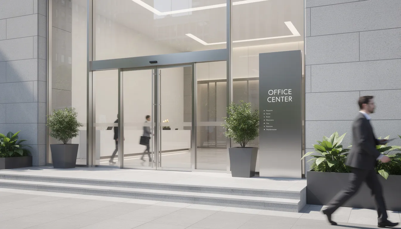 The image depicts the entrance of a modern professional office building, featuring sleek glass doors and contemporary signage that conveys a professional business presence. This physical location serves as a principal office address, where legal documents and business operations are conducted during regular business hours.