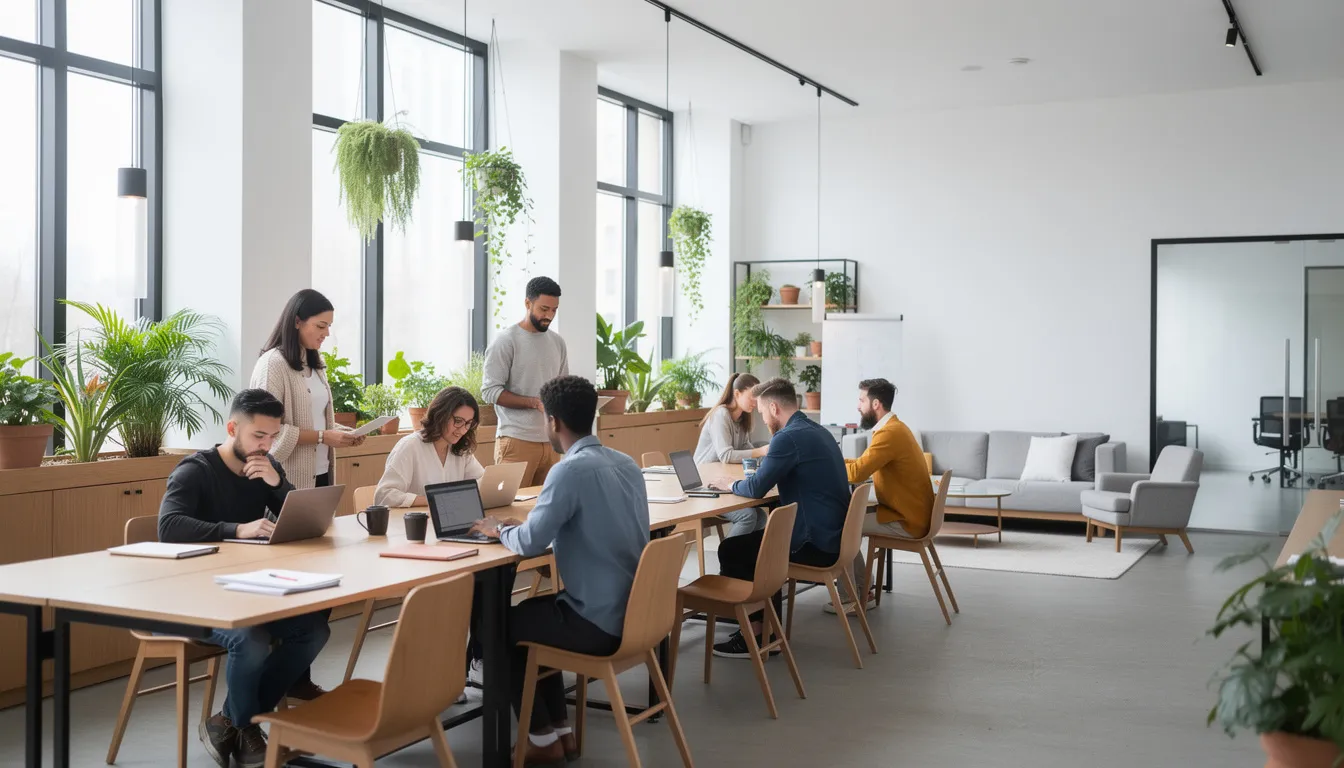 The image depicts a modern coworking space filled with desks, greenery, and individuals focused on their laptops, creating a vibrant environment for business operations. This setting exemplifies a professional business presence where various professionals may conduct their work, potentially using a registered agent service for managing legal documents and maintaining a principal office address.